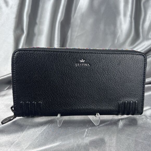 J. Estina Zip Aound Wallet Black Rainbow Accordion 12 Card Slots Pebbled Leather - Picture 3 of 17